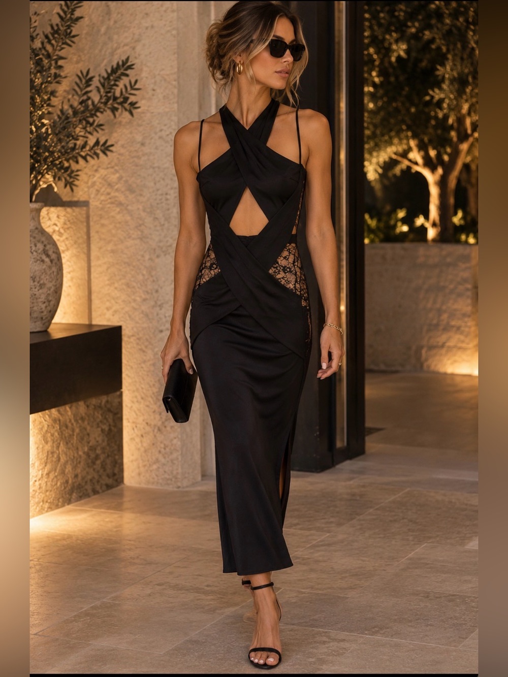 Michael Costello x Revolve calithea Black Nude Lace Halter Bodycon Dress NWT